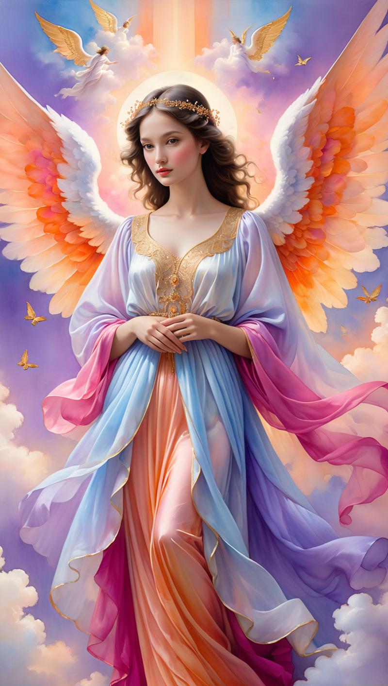 01794-3862124192-masterpiece portrait painting of a beautiful angel, cotton clouds in the backdrop, lilac orange blue cream fuchsia bright vivid.png